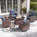 LayinSun 7-Piece Patio Furniture Set with Swivel Chairs and Fire Pit Table Brown/Navy Blue