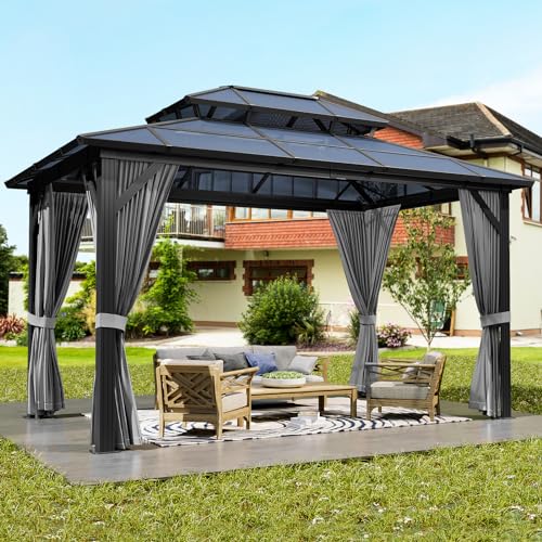 Agrestem 10X13 FT Outdoor Polycarbonate Hardtop Gazebo with Netting and Sunshade Curtains, Grey
