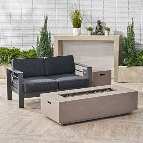 Great Deal Furniture Outdoor Loveseat and Fire Pit Set Grey with Dark Grey Cushions