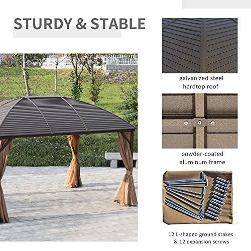 Outsunny 10' x 13' Hardtop Gazebo Canopy with Steel Roof and Netting, Brown