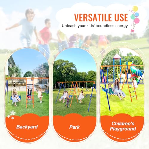 VEVOR 6-in-1 Swing Set with Swings, Trapeze, Ladder, Net & Hoop Blue/Orange