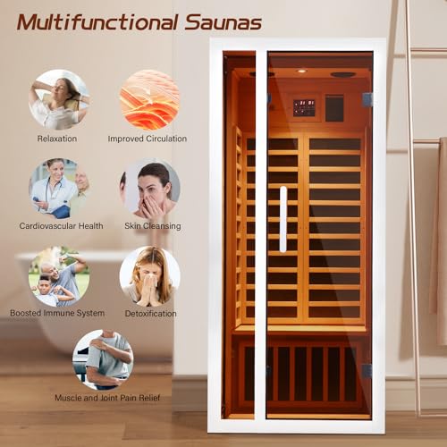 Vanity Art 2024 Far Infrared Sauna 1 Person Hemlock Wood Low EMF 6 Heating Panels 1660 Watt Bluetooth LCD LED Lights