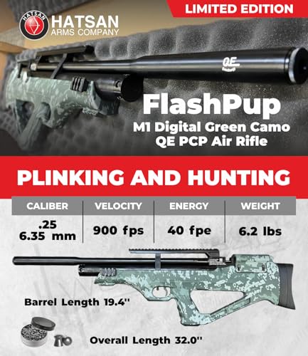Wearable4U Hatsan FlashPup QE Limited Edition .25 Cal Air Rifle Bundle Digital Green Camo with Pellets, Targets, and Scope