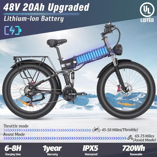 Bopzin Folding Electric Bike for Adults - 1500W 37MPH Ebike with 48V 20AH 960Wh Battery - 26" x 4.0" 75 Miles - 21-Speed Gears - Beach Mountain Snow Electric Bicycle UL Certified 26''-2000W 48V 20AH -Foldable