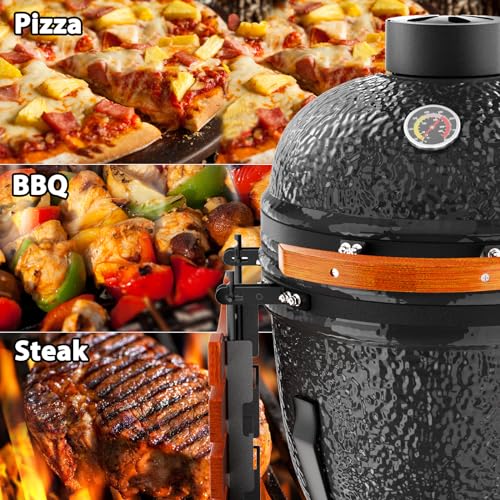 ROOMTEC 18-Inch Kamado Ceramic Charcoal Grill Portable with Cart and Side Shelves Black-B