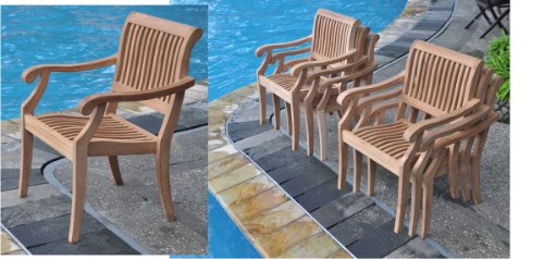 WholesaleTeak 5 Pc Luxurious Grade-A Teak Dining Set 48" Round Table & 4 Stacking Arbor Arm Chairs Brown