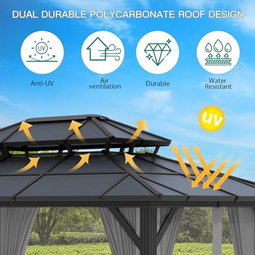 Agrestem 10X13 FT Outdoor Polycarbonate Hardtop Gazebo with Netting and Sunshade Curtains, Grey