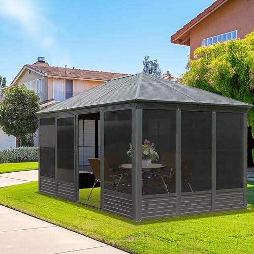 ANTSKU 11.2x14.6 FT Hardtop Gazebo with Galvanized Steel Roof Gray