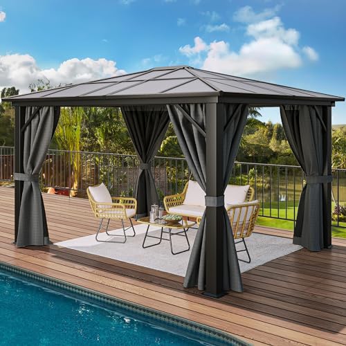 DWVO 10x12ft Polycarbonate Hardtop Gazebo with Netting and Curtains Gray Single Roof