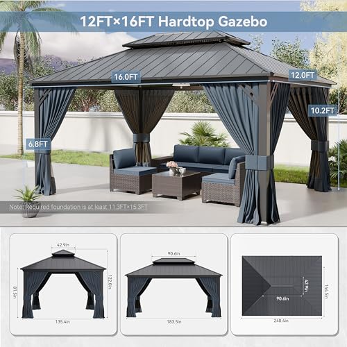 Kurapika 12' x 16' Hardtop Gazebo Outdoor Metal Pavilion with Galvanized Steel Roof, Curtains & Netting Navy Blue