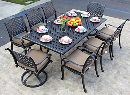 Patio Land Nassau Outdoor Cast Aluminum 9-Piece Dining Set with 46x86 Table and 8 Swivel Rockers Sunbrella-Linen-Sesame
