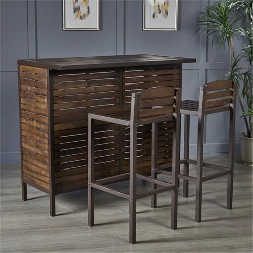 Noble House Leni Indoor Bar Set with Rustic Metal Accents Dark Brown