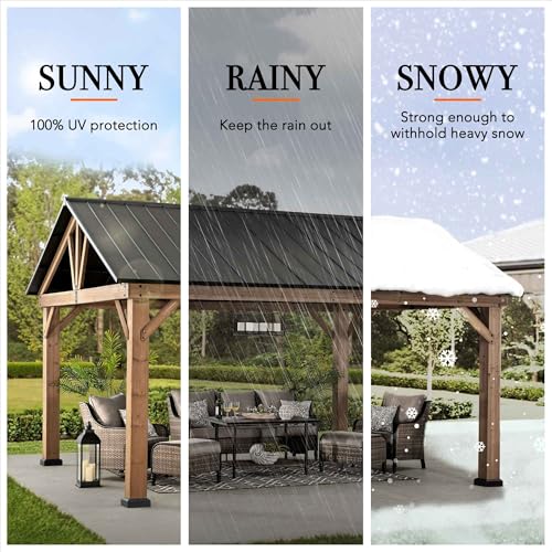 Sunjoy 13x15 ft Wood Gazebo with Black Steel Hardtop Roof and Natural Cedar Frame