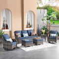 Generic 6 Piece Outdoor Patio Furniture Set Wicker Conversation Bistro Set with Swivel Rocking Chairs and Side Table Denim Blue