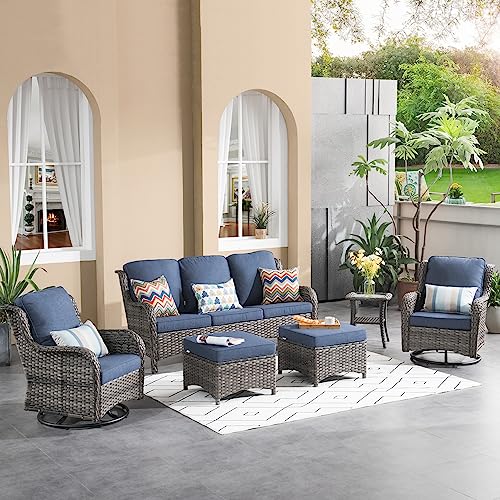 Generic 6 Piece Outdoor Patio Furniture Set Wicker Conversation Bistro Set with Swivel Rocking Chairs and Side Table Denim Blue