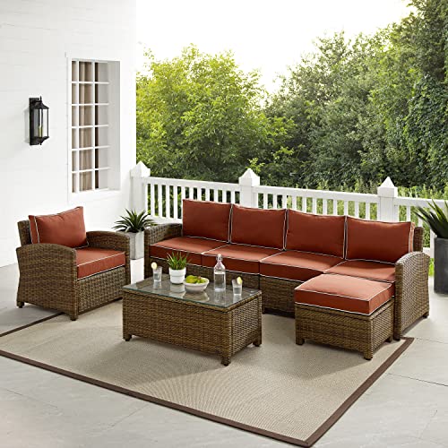 Crosley Furniture Bradenton 5-Piece Outdoor Sectional Sofa Weathered Brown with Sangria Cushions