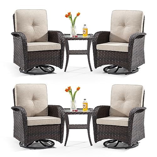 Gardenbee Patio Swivel Glider Wicker Chairs Set of 4 with 2 Side Tables Brown/Beige
