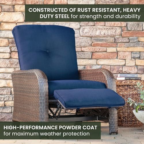 Hanover Strathmere Outdoor Recliner Chair with Navy Blue Cushions