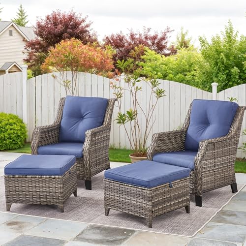 Patio Club Chair Wicker Chairs with 2 Ottomans Grey Black Mid-Century Modern Rattan Black