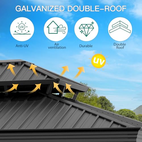 GAOMON 12x14ft Hardtop Gazebo Heavy Duty Double Roof Outdoor Garden Gray