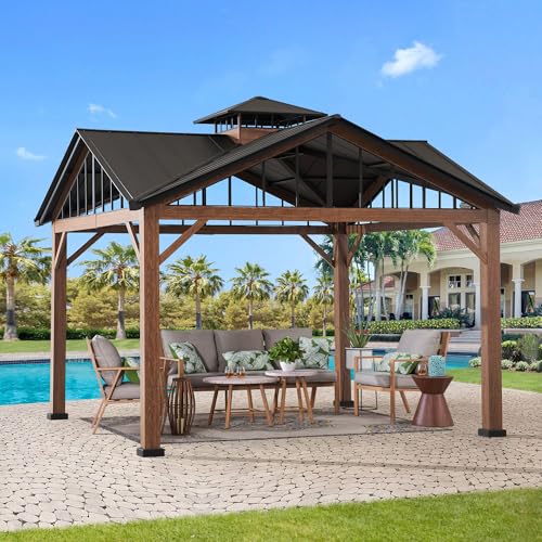 Sunjoy 12.5 x 12.5 ft. Hardtop Gazebo Brown Steel 2-Tier Outdoor with Ceiling Hook
