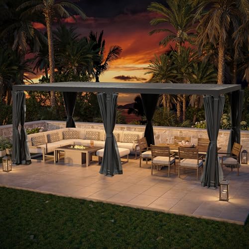 LATTOY Louvered Pergola 10x12 Aluminum with Adjustable Roof and Waterproof Curtains Black 10x20 FT