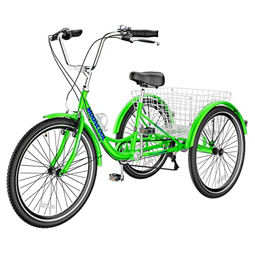 NAIZEA Adult Tricycle 7 Speed Three Wheel Cruiser Bike 20/24/26 inch with Large Basket Apple Green