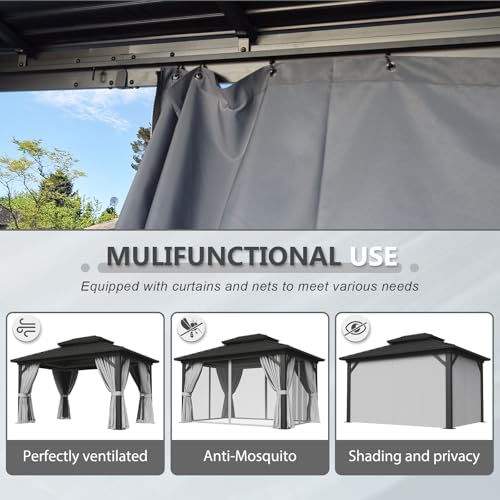 Aoxun 10Ft x 14Ft Hardtop Gazebo Aluminum Outdoor Pavilion with Netting and Curtains Gray