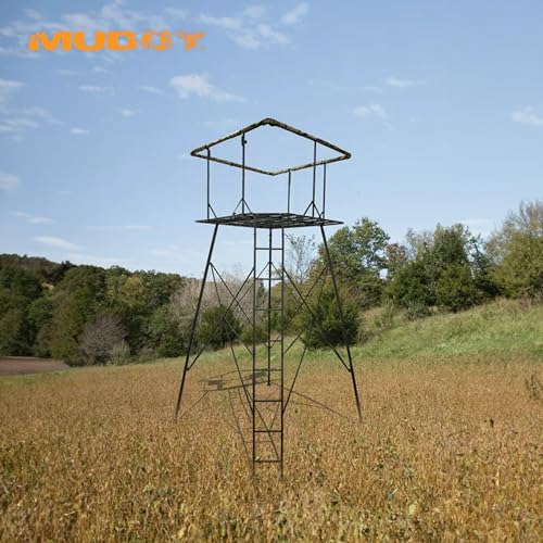 MUDDY 12 Foot Quad Pod Ladder Stand with 57" Platform and Hunting Blind, Epic Camo Multi