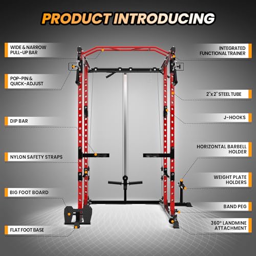 GOCAPTAIN Power Cage Multi-Functional Rack with Cable Cross-Over and Lat Pull Down Black/Red