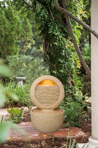 Kaimei Cement Tabletop Fountain with Light and Pump, 2-Tiered Indoor/Outdoor Decor Beige+Yellow