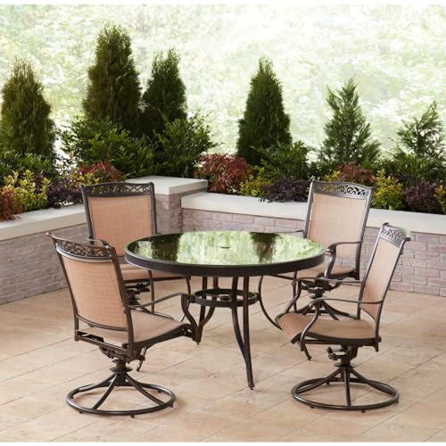 Hanover Fontana 5-Piece Outdoor Dining Set with Tan PVC Sling Rocker Chairs and Round Glass-Top Table Tan