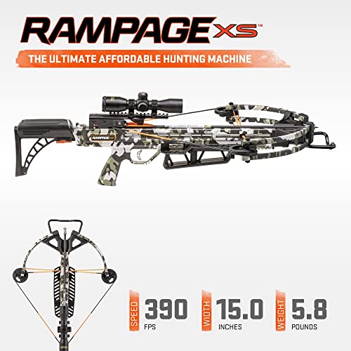 Wicked Ridge Rampage XS Crossbow Peak XT 390 FPS with Lighted Scope, Rope-Sled, Tactical Stock & 3 Arrows Peak Camo