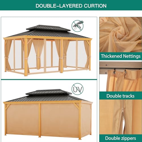 GAOMON 12x20ft Hardtop Gazebo with Netting and Curtains Wood Grain