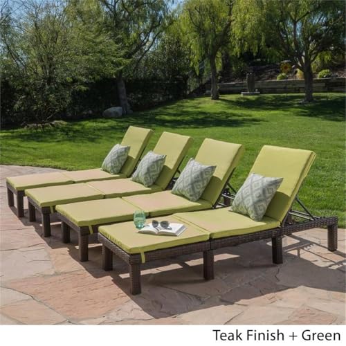 Noble House Jamaica Multi-Brown Wicker Chaise Lounge with Green Cushion (Set of 4)