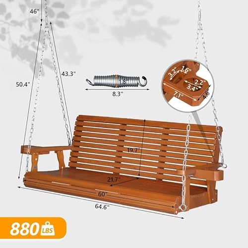 Brown Wood Porch Swing with Cup Holders and Phone Slot Water Resistant Brown