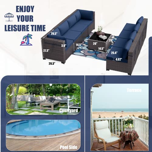Kurapika 7-Piece Rattan Wicker Patio Furniture Set with Cushions and Glass Coffee Table Navy Blue