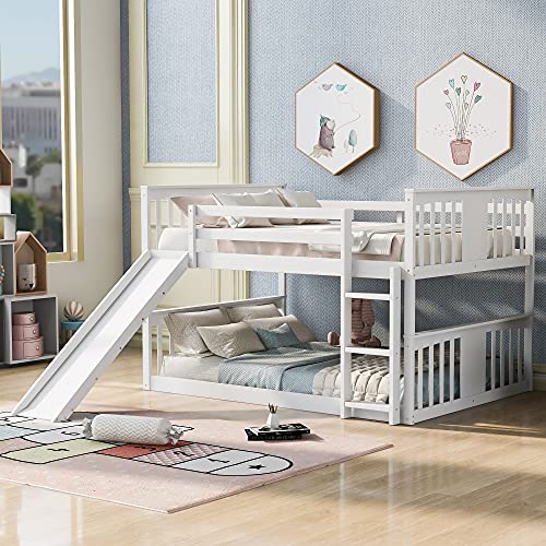 P PURLOVE Full Over Full Bunk Bed with Ladder and Slide White