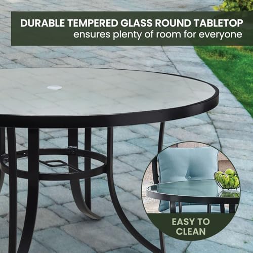 Hanover Lavallette 5-Piece Outdoor Dining Set with Swivel Rocker Chairs and Glass-Top Table Blue