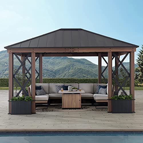 SummerCove Hardtop Gazebo 13ft x 15ft Black Steel Roof with Planters and Ceiling Hook