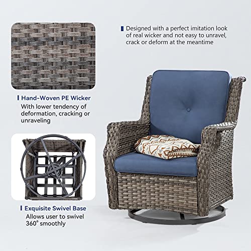 MeetLeisure 3-Piece Patio Bistro Set with Swivel Rocker Chairs and Glass Side Table Mixed Grey/Blue