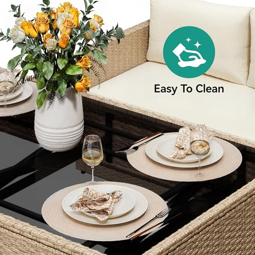 YITAHOME L-Shaped Patio Furniture Set All Weather Wicker Outdoor Sectional Sofa with Dining Table and Ottoman Light Brown Beige