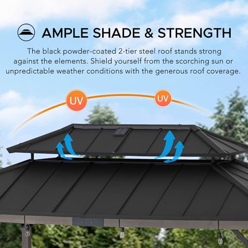Sunjoy Wooden Grill Gazebo 8x12 ft Steel Hardtop Solar Power Outdoor Cooking Shelter Black