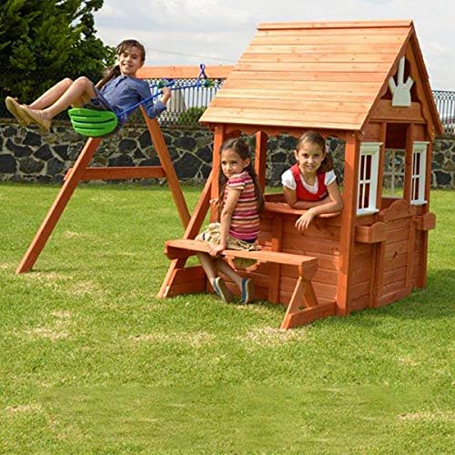 Sportspower Wooden Outdoor Playhouse with Swing & Picnic Bench Brown