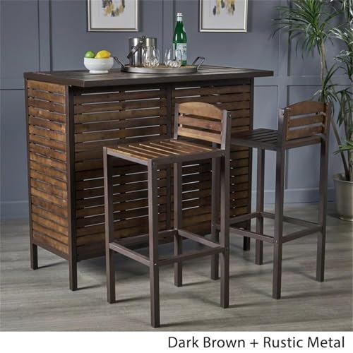 Noble House Leni Indoor Bar Set with Rustic Metal Accents Dark Brown