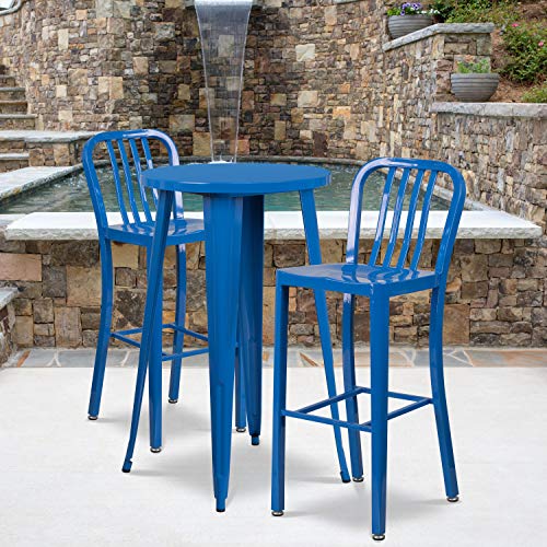 Flash Furniture Earl 24" Round Blue Metal Indoor-Outdoor Bar Table Set with 2 Stools