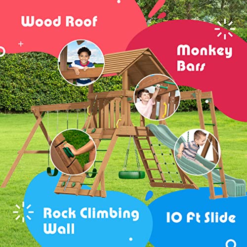 Creative Playthings LTD. Northbridge Pack 4 Wooden Swing Set with Climbing Wall, Swings & Slide, Yellow
