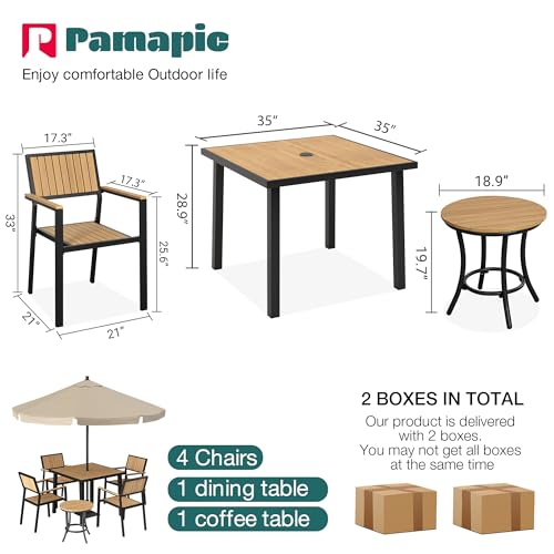 Pamapic 6-Piece Outdoor Aluminum Patio Dining Set with Plastic-Wood Table Top and 4 Stackable Chairs Teak