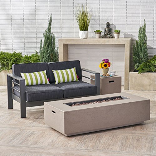 Great Deal Furniture Outdoor Loveseat and Fire Pit Set Grey with Dark Grey Cushions