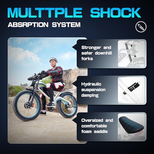 Tumotcy 1000W Electric Bike 52V 23Ah 7-Speed Fat Tire Dual Motor White
